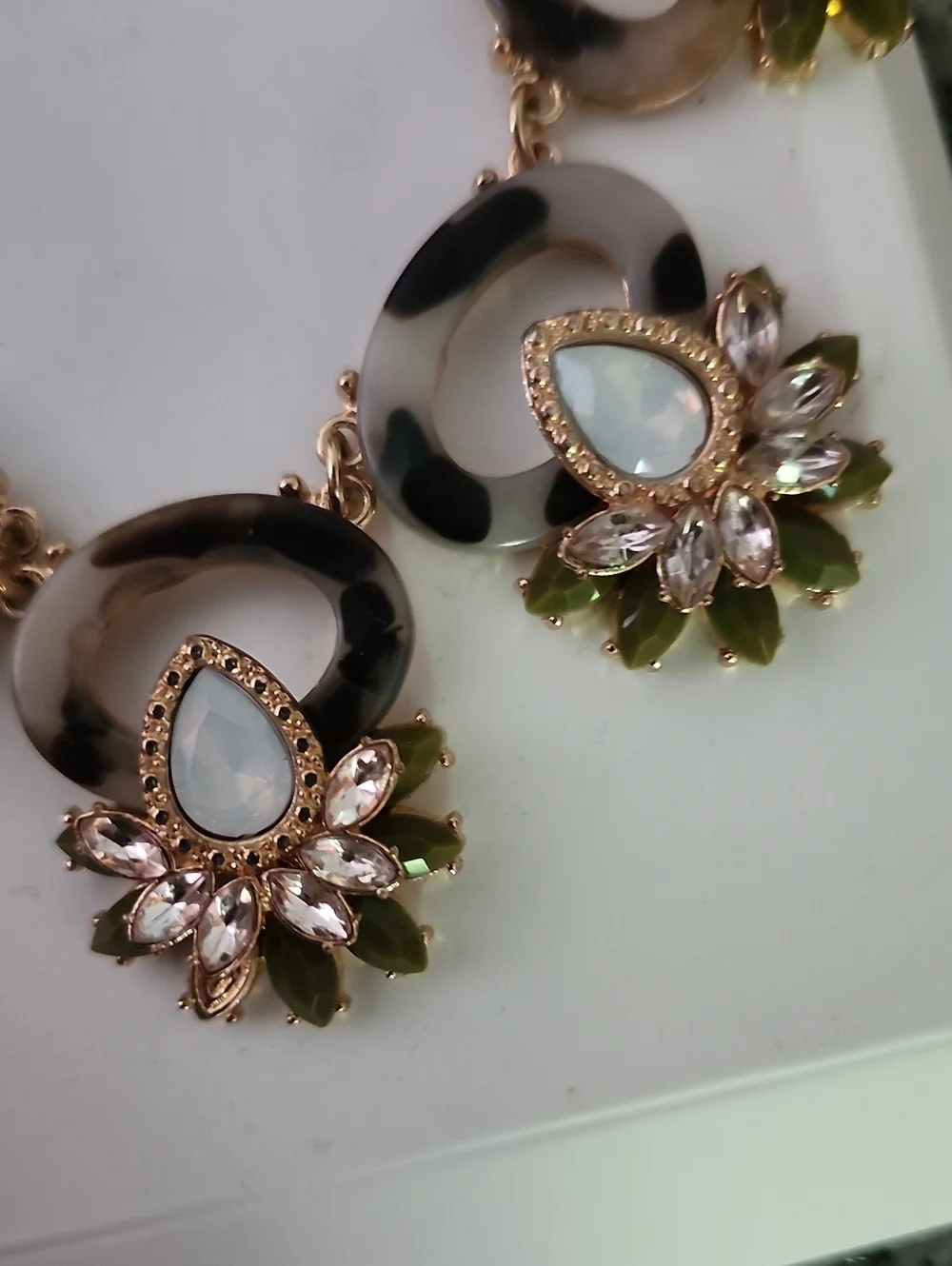 Gold-Tone Tortoise Shell Green & Cream Floral Statement Necklace and Earring Set